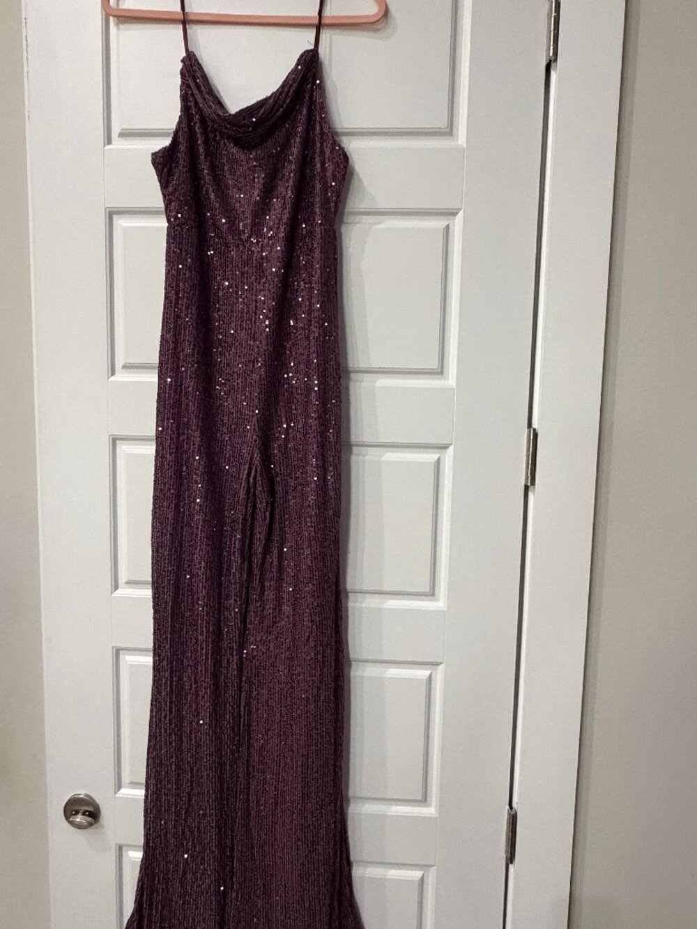 Plum Purple Sequin Cowl Neck Wide Leg Jumpsuit (Medium)